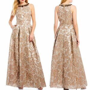NWT Aidan Mattox Jacquard Ballgown Champagne Beaded Size 16